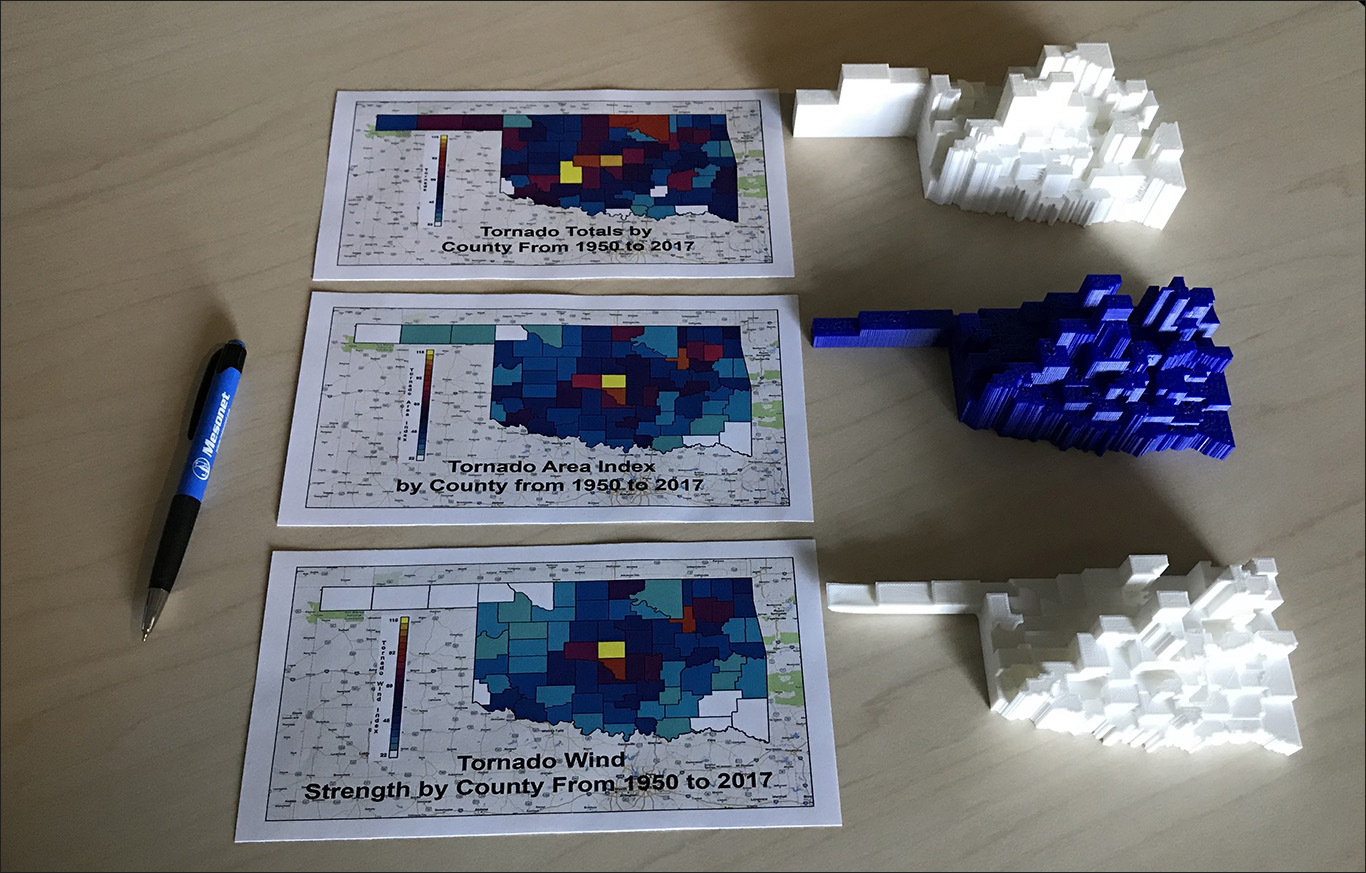 3D prints of Oklahoma Tornado Totals, Area Index, and Wind Index
